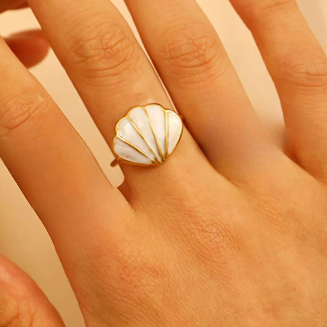 Kara | Gold Plated White Enamel Shell Adjustable Ring