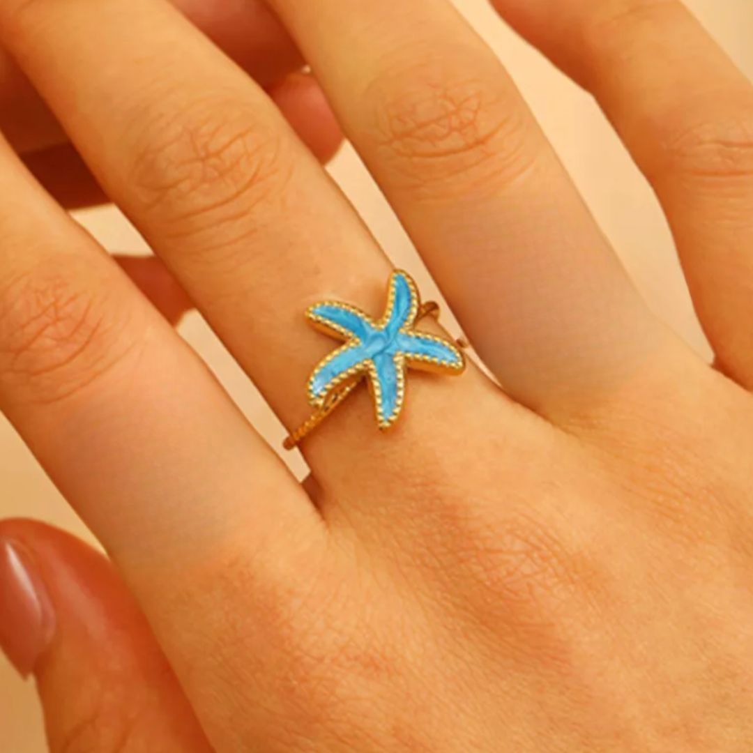Zia | Gold Plated Blue Enamel Starfish Adjustable Ring