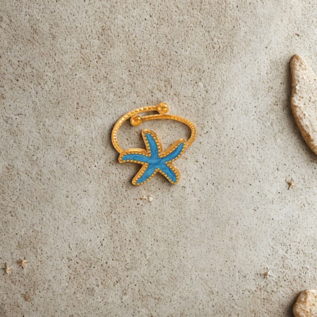 Zia | Gold Plated Blue Enamel Starfish Adjustable Ring