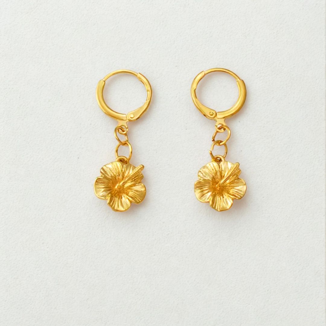 Mini Hibiscus Flower Huggies |  Gold or Silver Earrings
