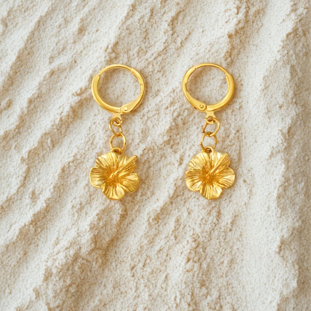 Mini Hibiscus Flower Huggies |  Gold or Silver Earrings