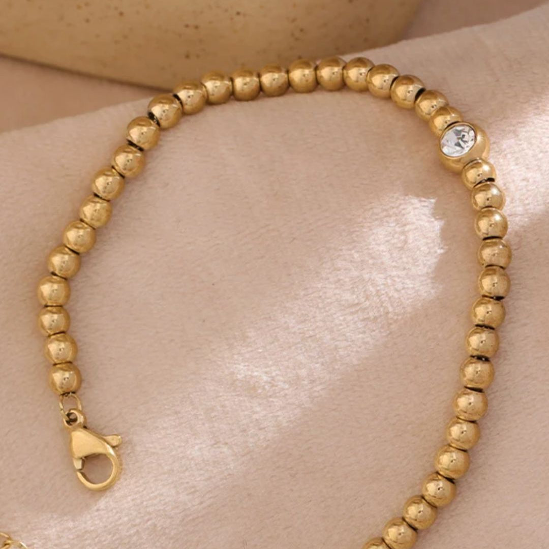 Lottie | Stainless Steel 18K Gold Plated Beaded Bracelet Featuring Cubic Zirconia