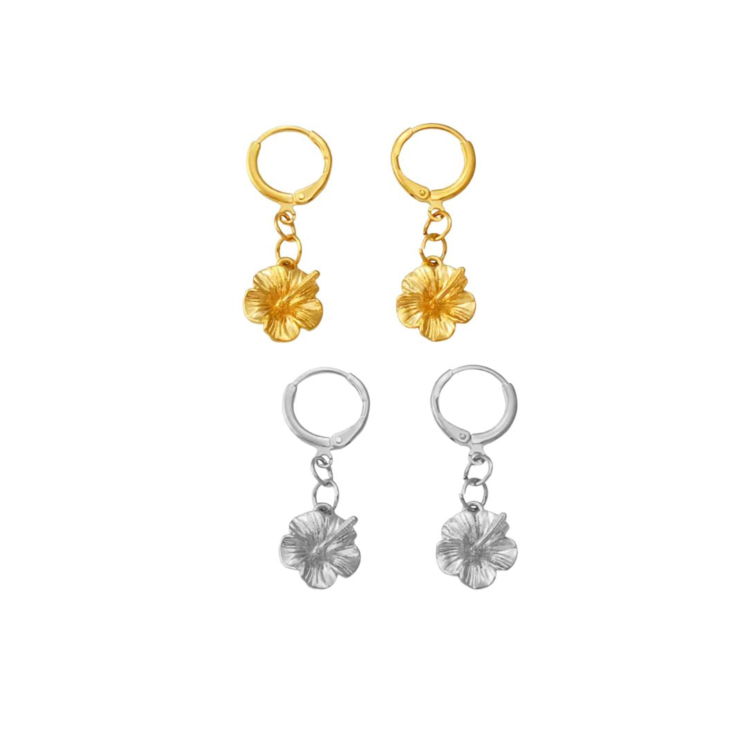 Mini Hibiscus Flower Huggies |  Gold or Silver Earrings