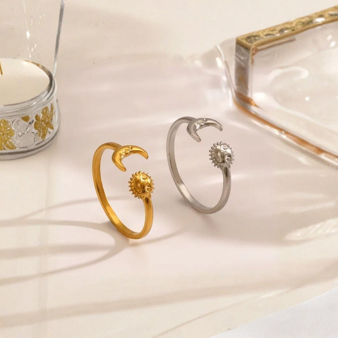 Mira  | Adjustable Moon & Sun Gold Plated Stainless Steel Ring