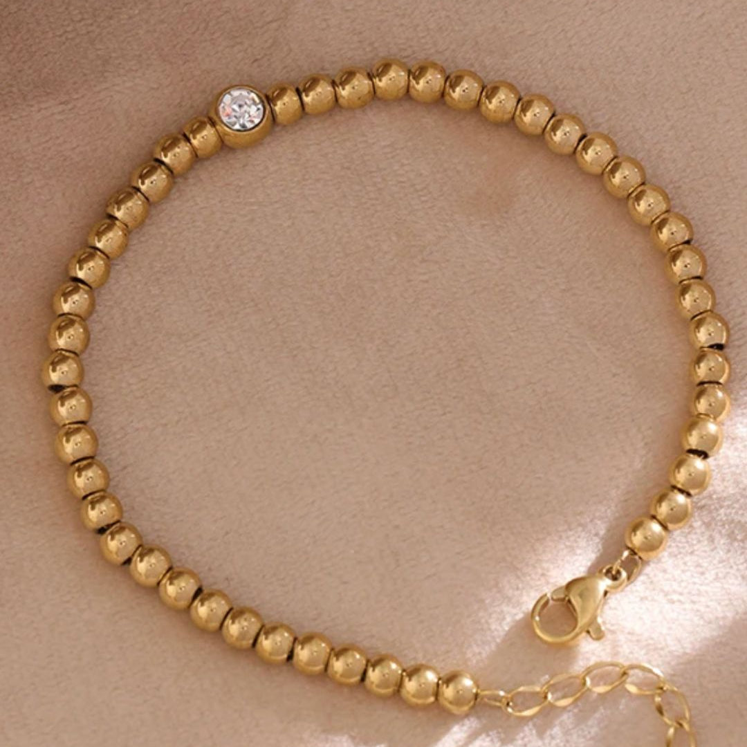 Lottie | Stainless Steel 18K Gold Plated Beaded Bracelet Featuring Cubic Zirconia