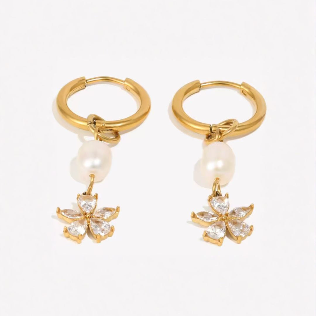 Hali | Pearl Flower Huggie Earrings | Waterproof Gold CZ Earrings
