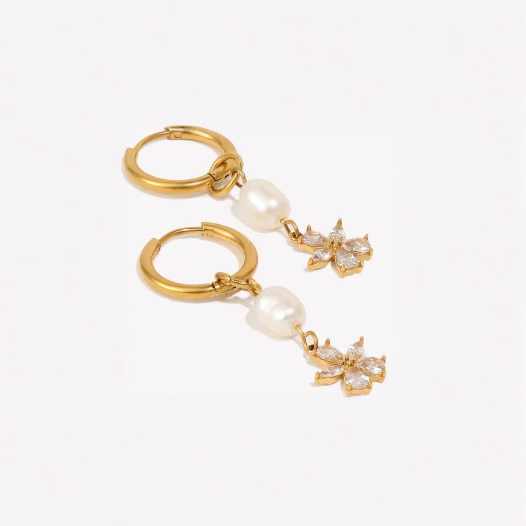 Hali | Pearl Flower Huggie Earrings | Waterproof Gold CZ Earrings