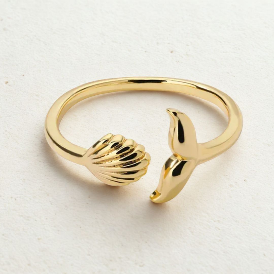 Kai | Adjustable Whale Tail & Shell Gold Plated Stainless Steel Ring