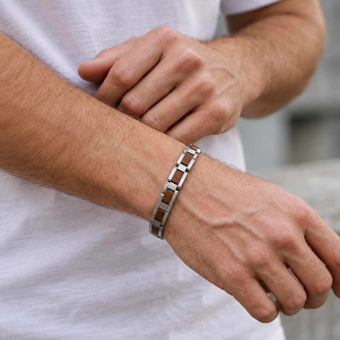 Declan Bracelet | Stainless Steel and Walnut Wood Mens Bracelet