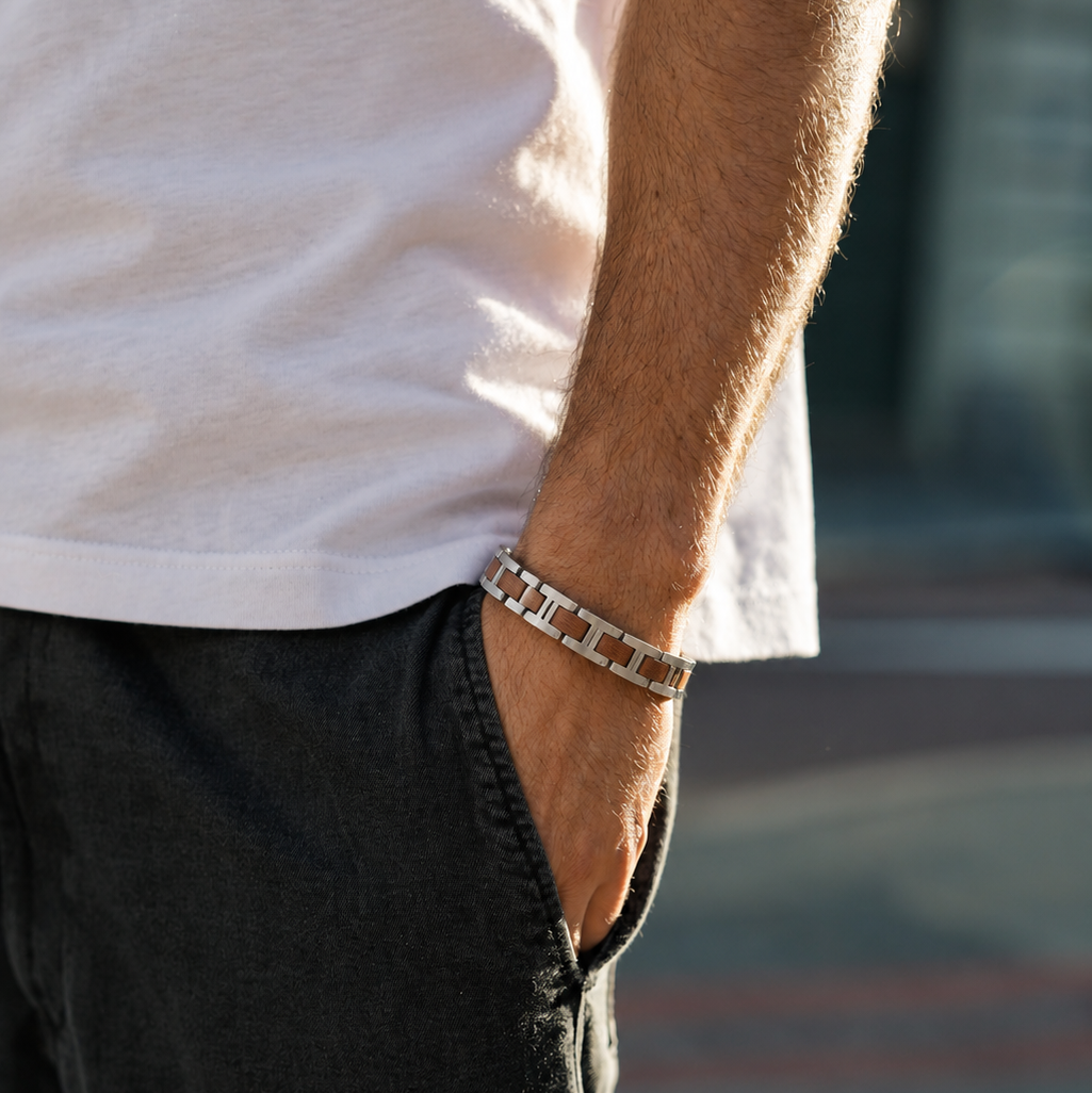 Declan Bracelet | Stainless Steel and Walnut Wood Mens Bracelet