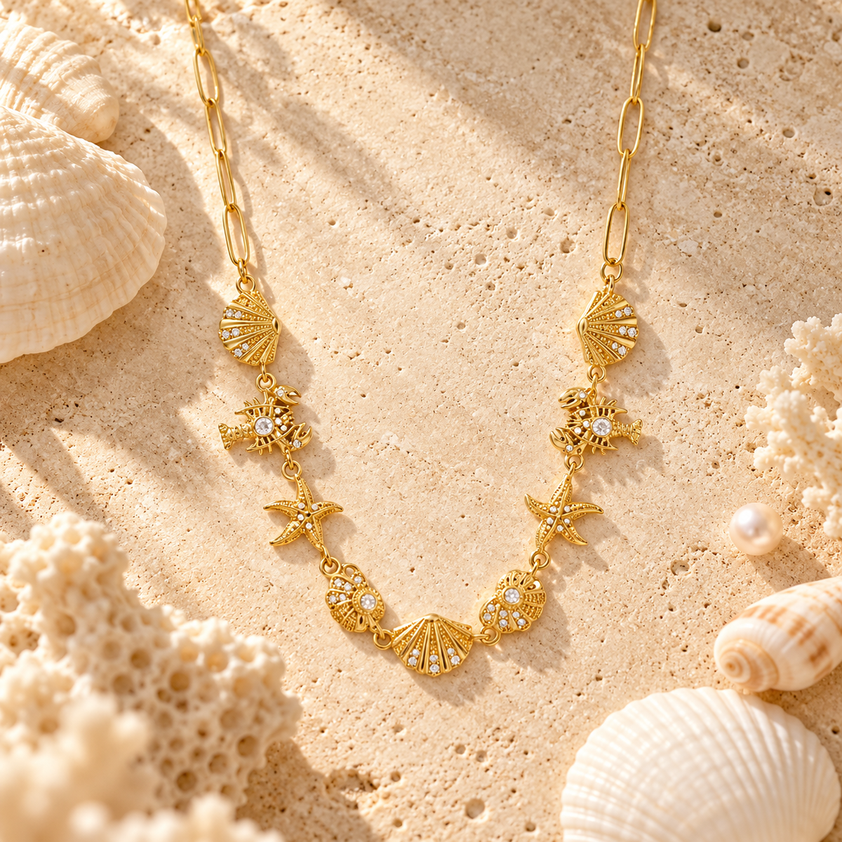 A gold-toned charm necklace with shell, starfish, and pearl motifs, styled on a sandy surface with seashells and coral.