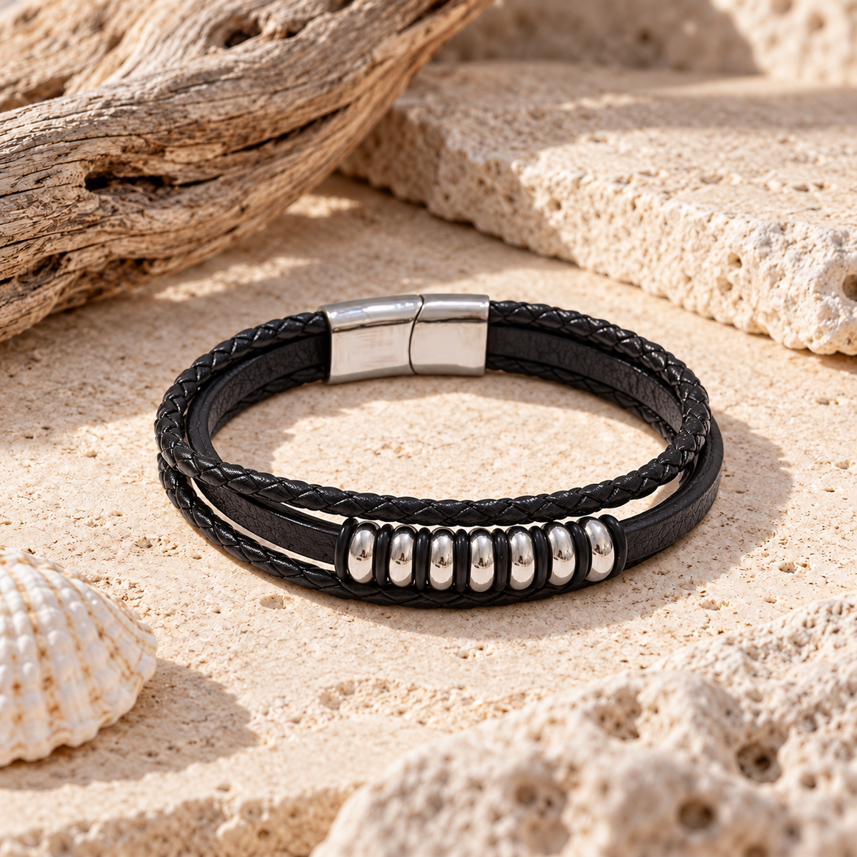 Mens leather and stainless steel bracelet