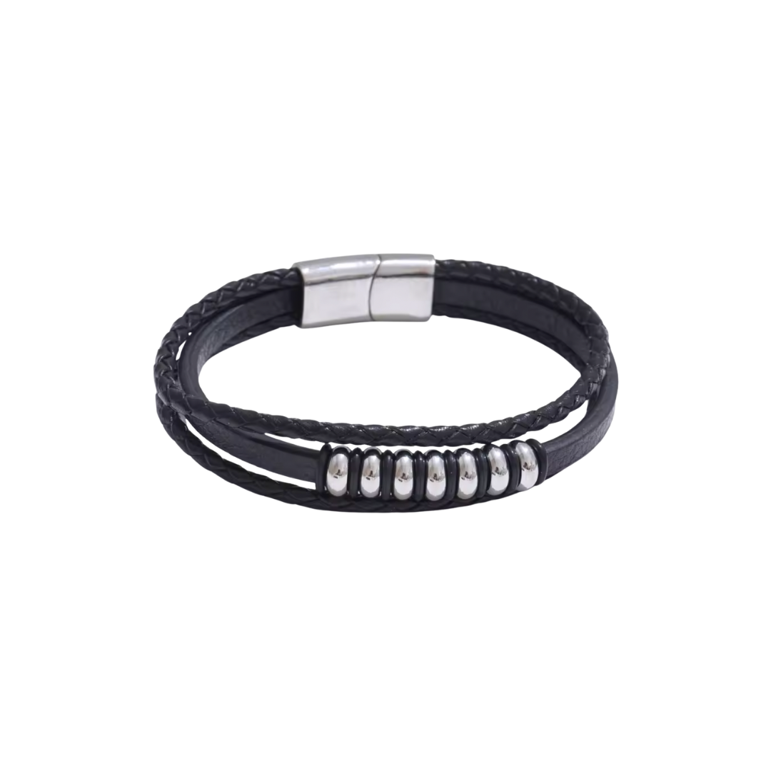 Mens leather and stainless steel bracelet