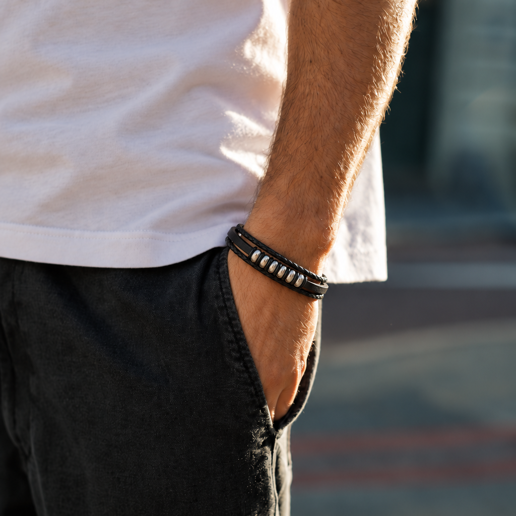 Mens leather and stainless steel bracelet