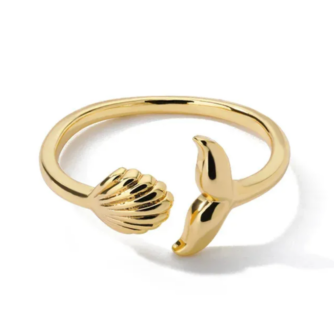 Kai | Adjustable Whale Tail & Shell Gold Plated Stainless Steel Ring