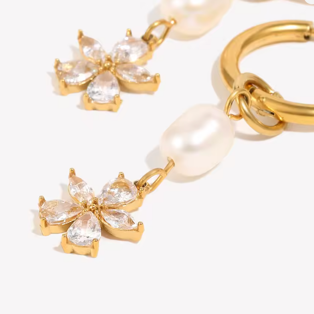 Hali | Pearl Flower Huggie Earrings | Waterproof Gold CZ Earrings