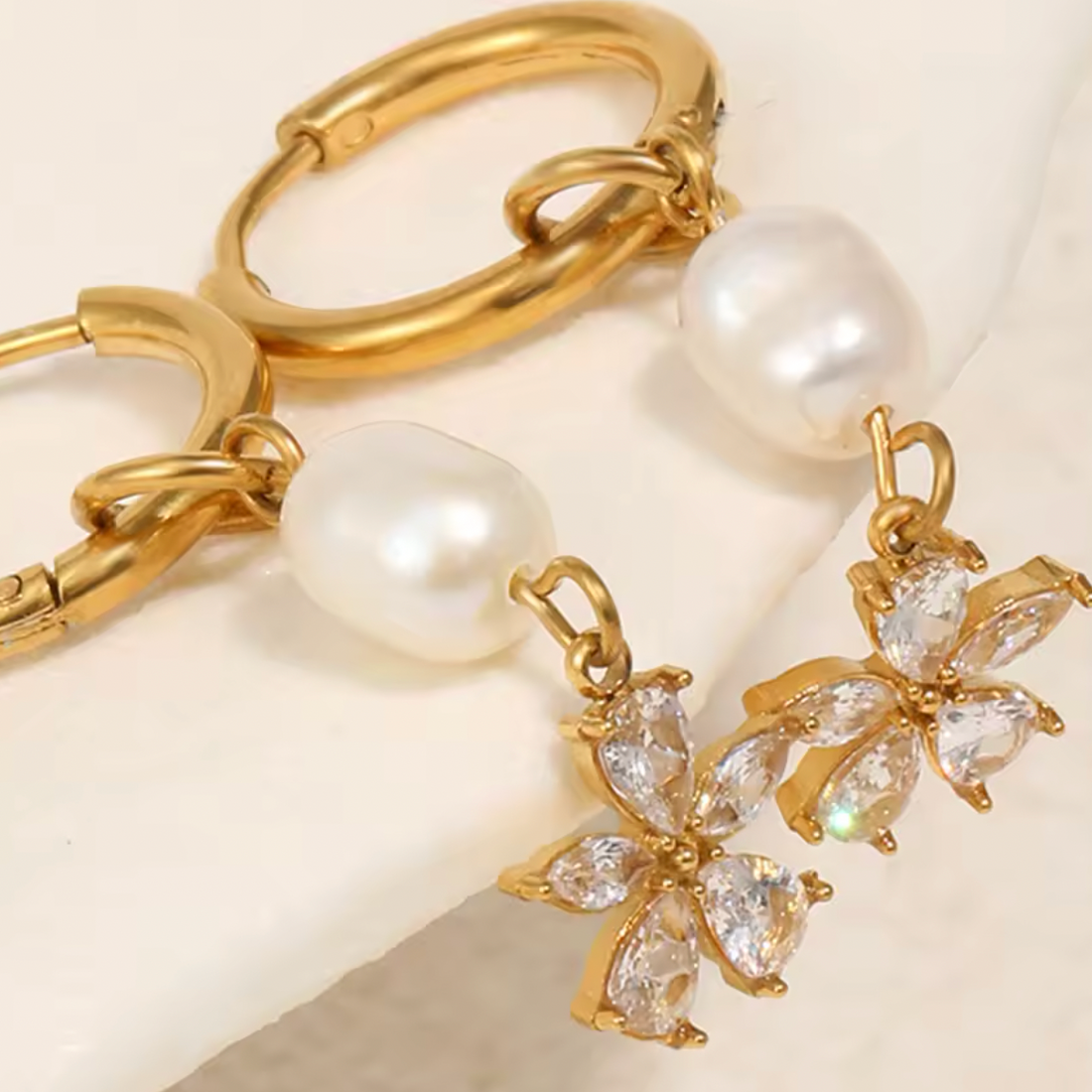 Hali | Pearl Flower Huggie Earrings | Waterproof Gold CZ Earrings