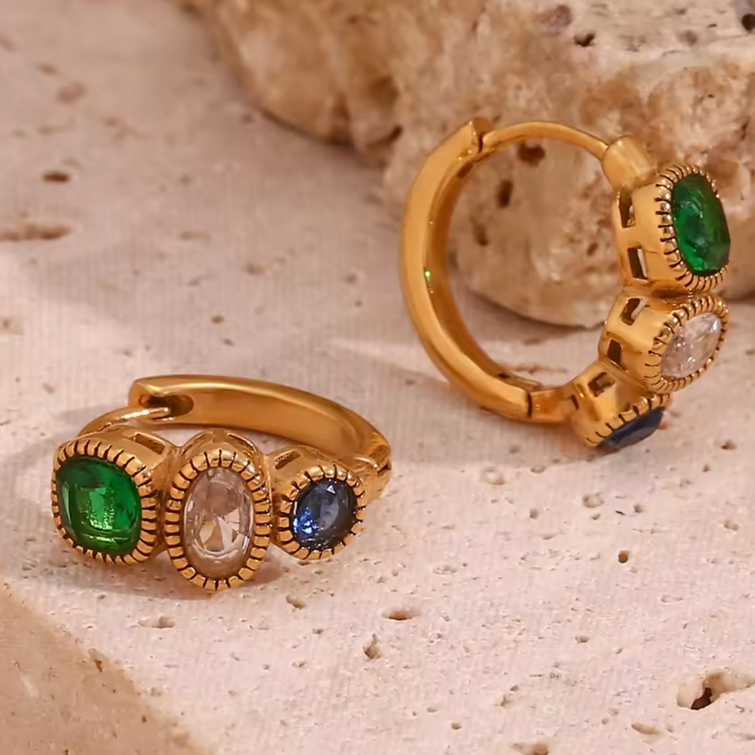 Emerald Trio Huggie Earrings | Waterproof Gold Earrings