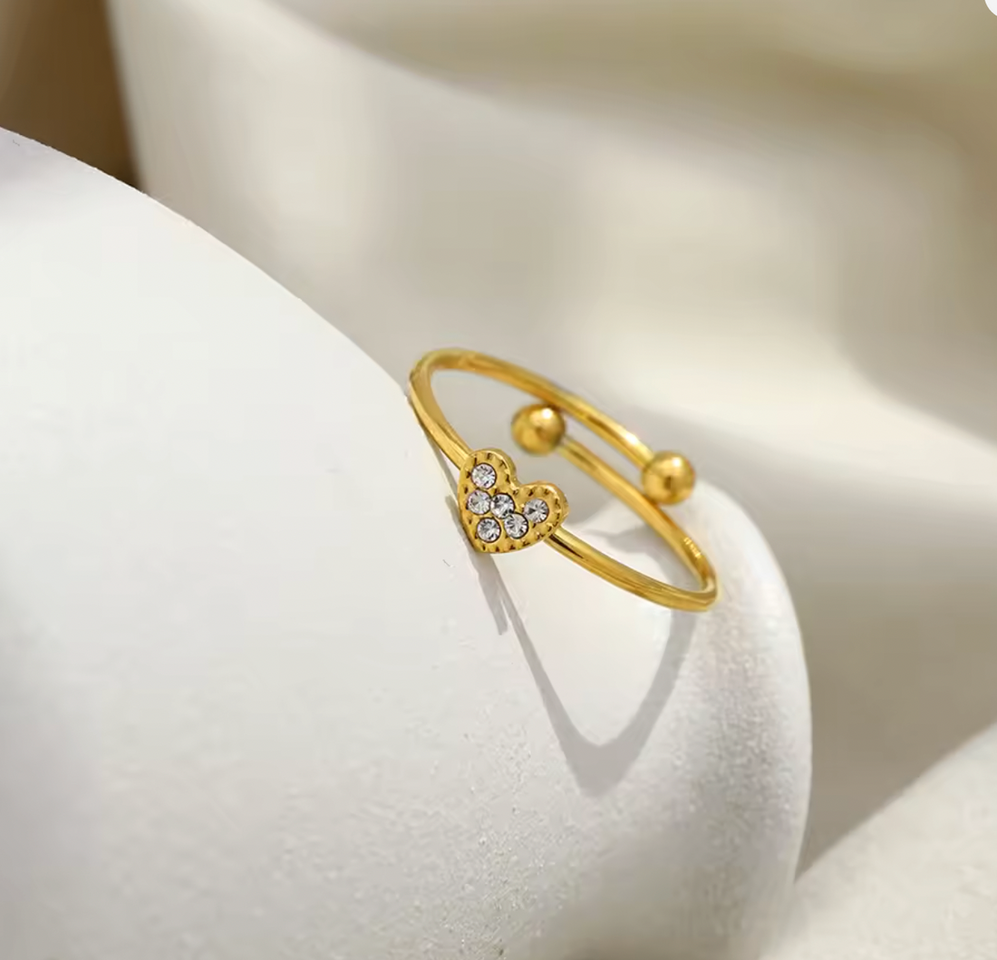 Saylor | CZ Heart Open Ring | Gold Waterproof Adjustable Ring