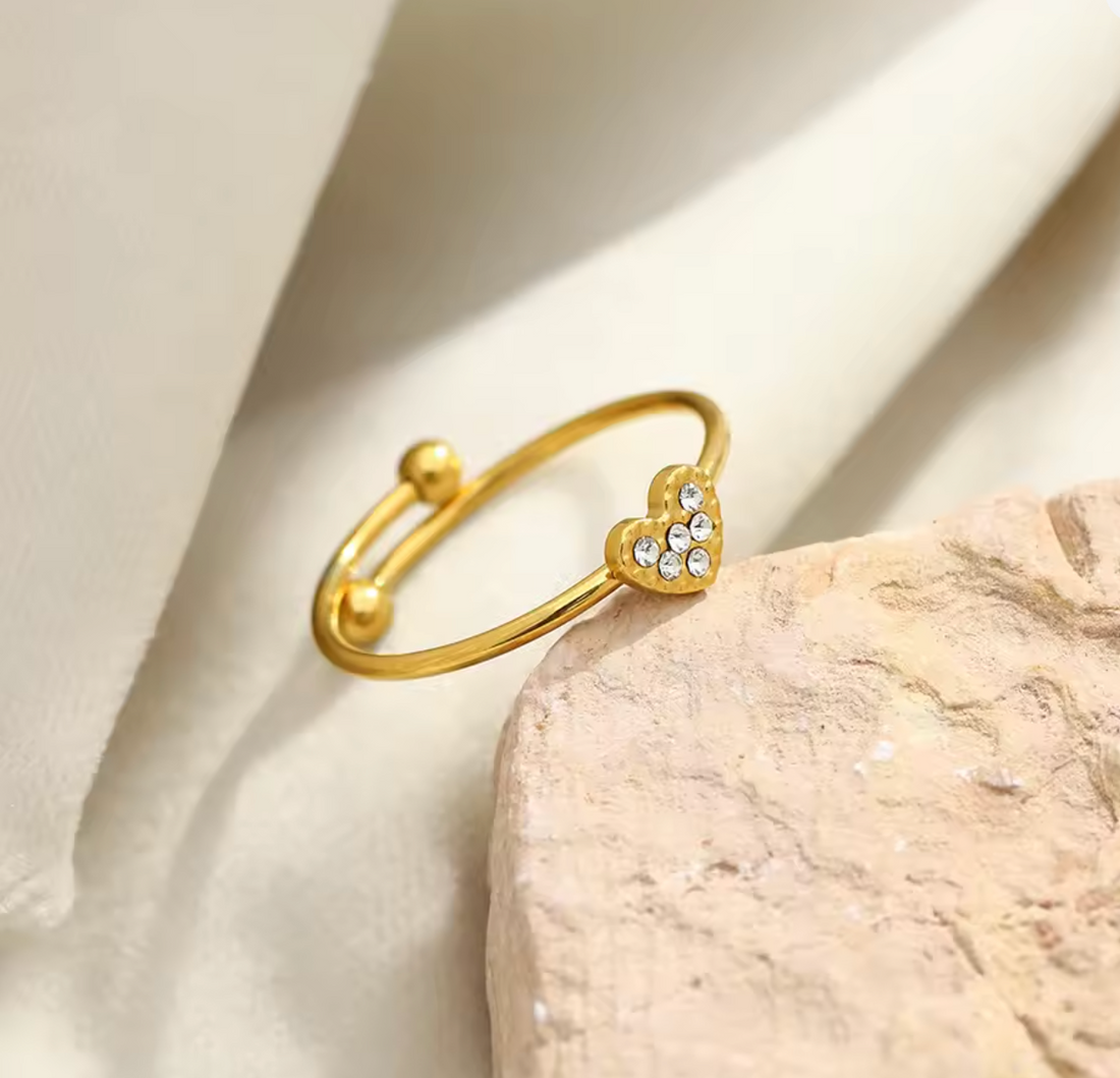 Saylor | CZ Heart Open Ring | Gold Waterproof Adjustable Ring