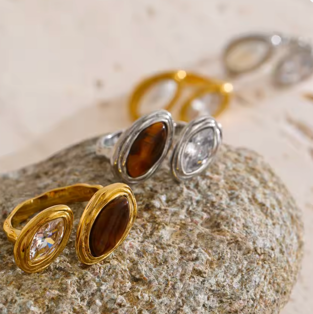 Marquise Tiger Eye Stone Open Ring | Waterproof Gold & Silver Ring