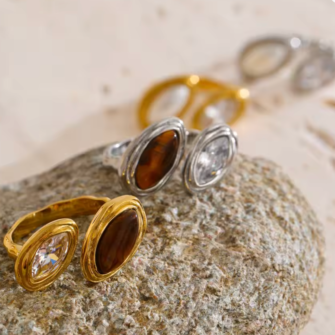 Marquise Tiger Eye Stone Open Ring | Waterproof Gold & Silver Ring