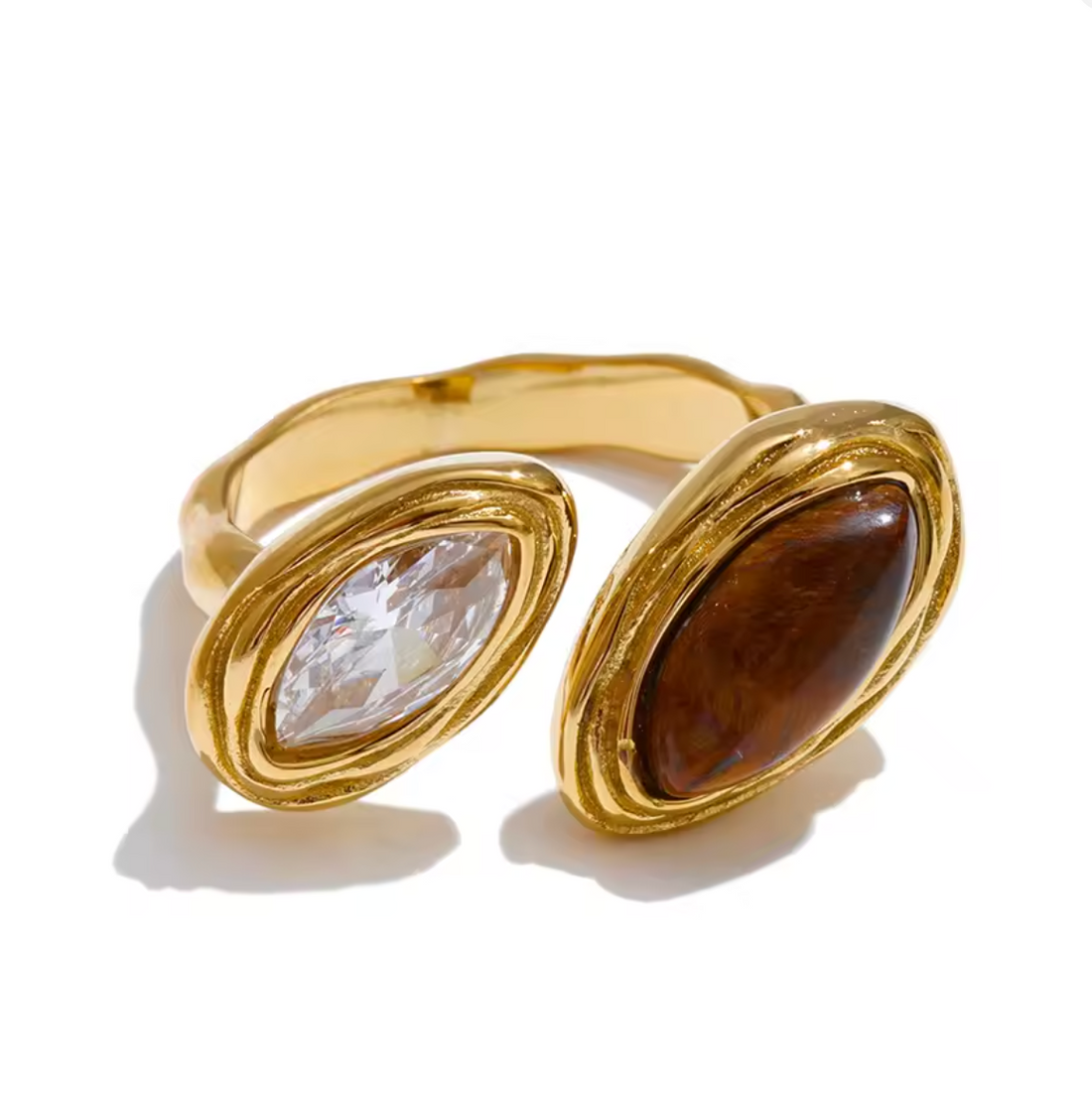 Marquise Tiger Eye Stone Open Ring | Waterproof Gold & Silver Ring