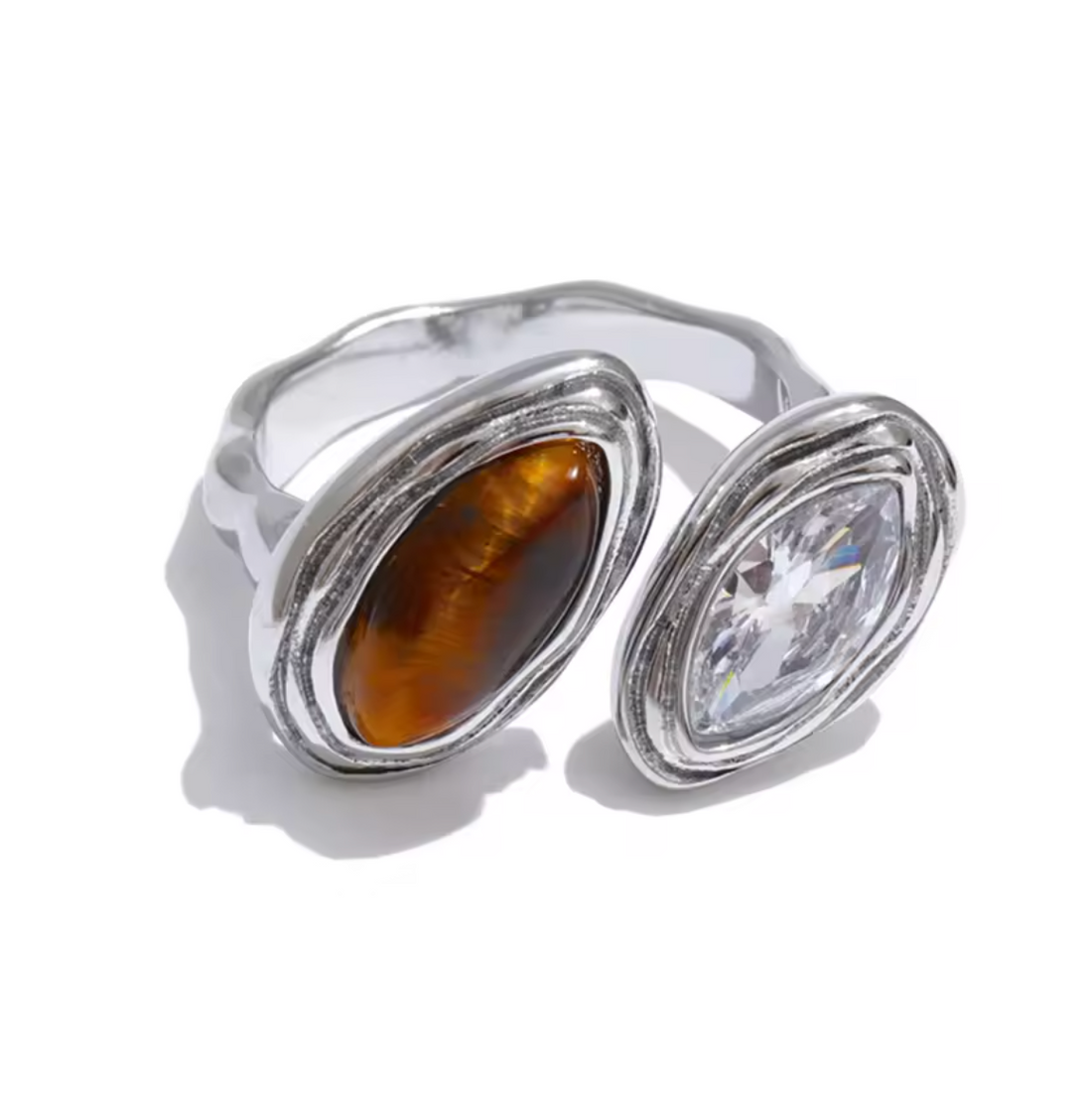 Marquise Tiger Eye Stone Open Ring | Waterproof Gold & Silver Ring