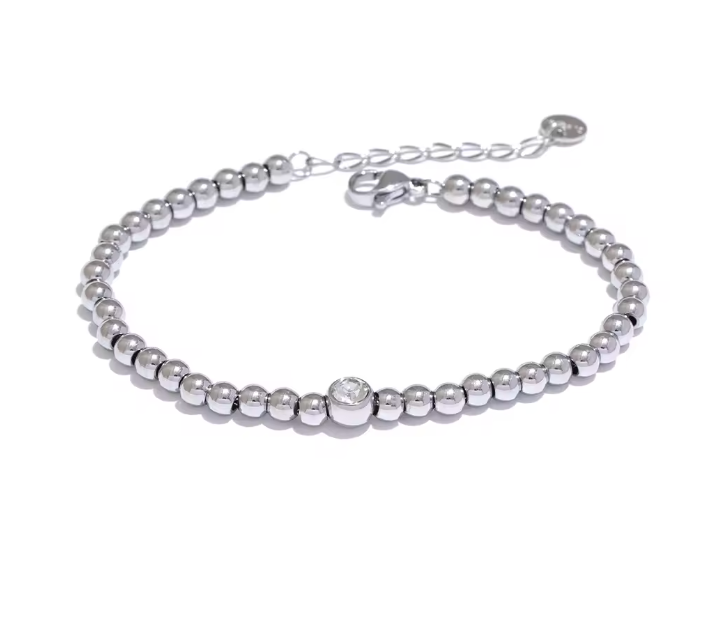 Lottie | Stainless Steel 18K Gold Plated Beaded Bracelet Featuring Cubic Zirconia