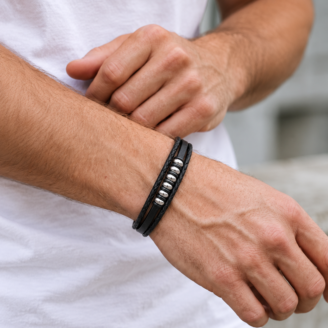 Mens leather and stainless steel bracelet