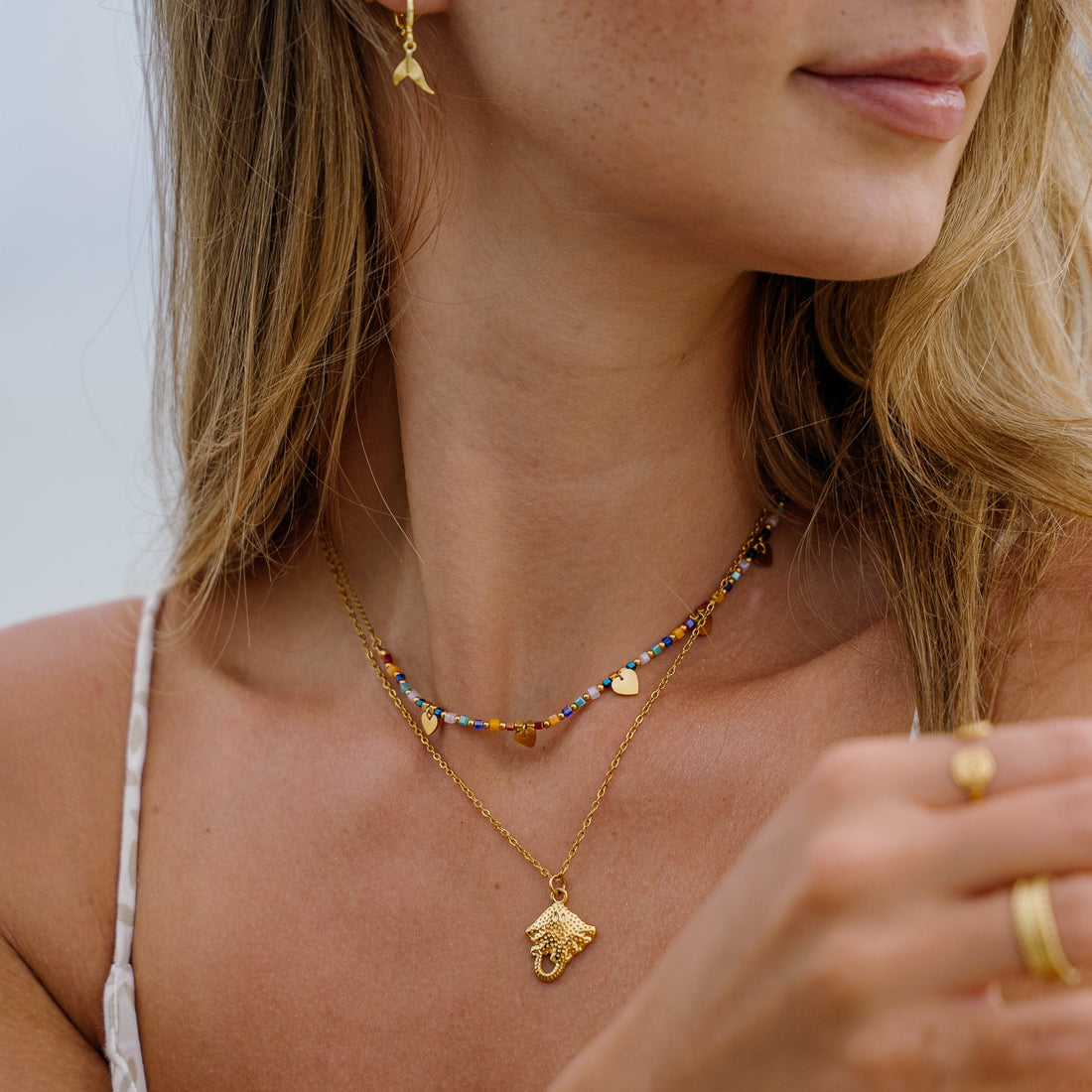 Sunny Colourful beaded necklace with gold plated waterproof manta stingray necklace