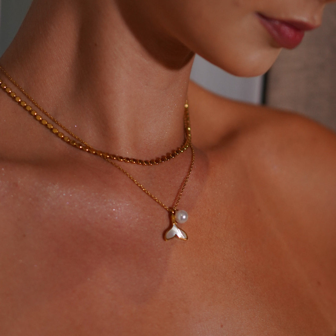 Batan | Mother of Pearl Whale Tail & Freshwater Gold Plated Pendant Necklace