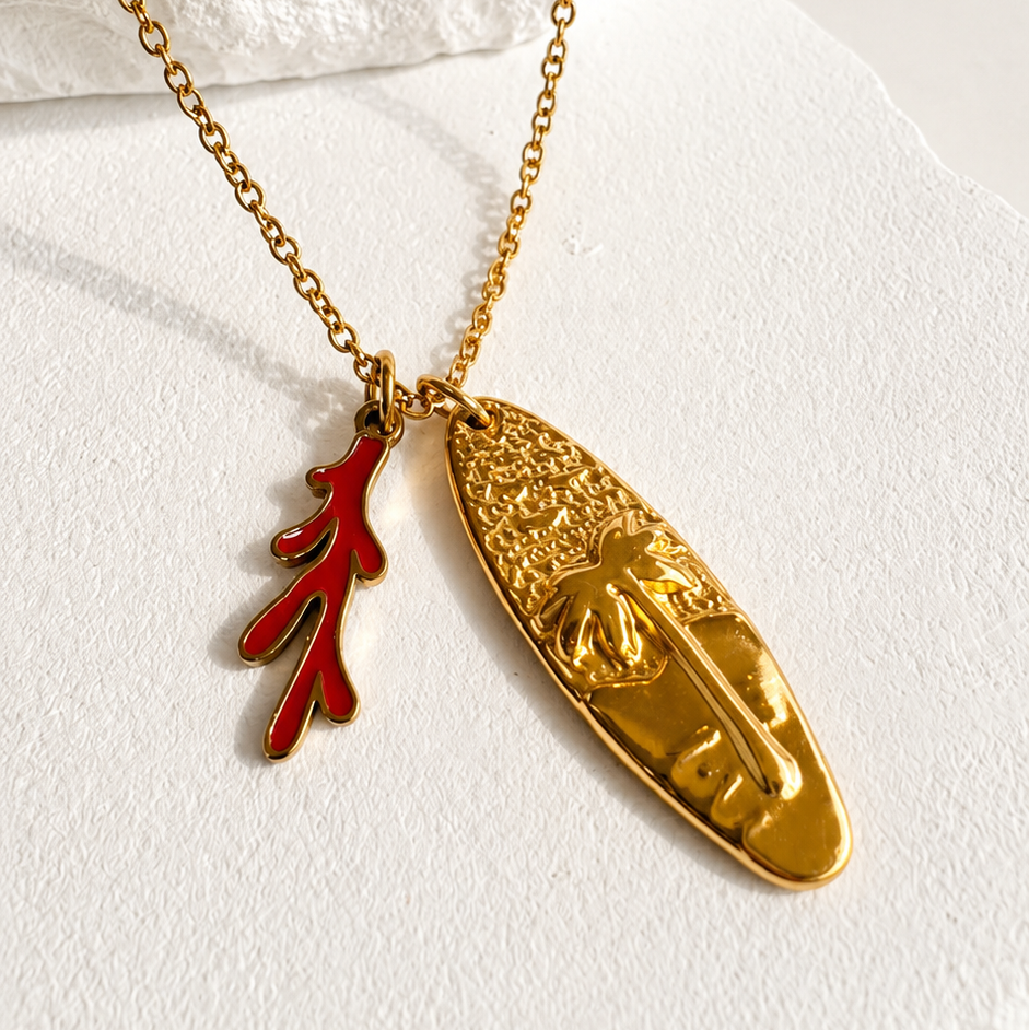waterproof gold plated surfboard and coral necklace