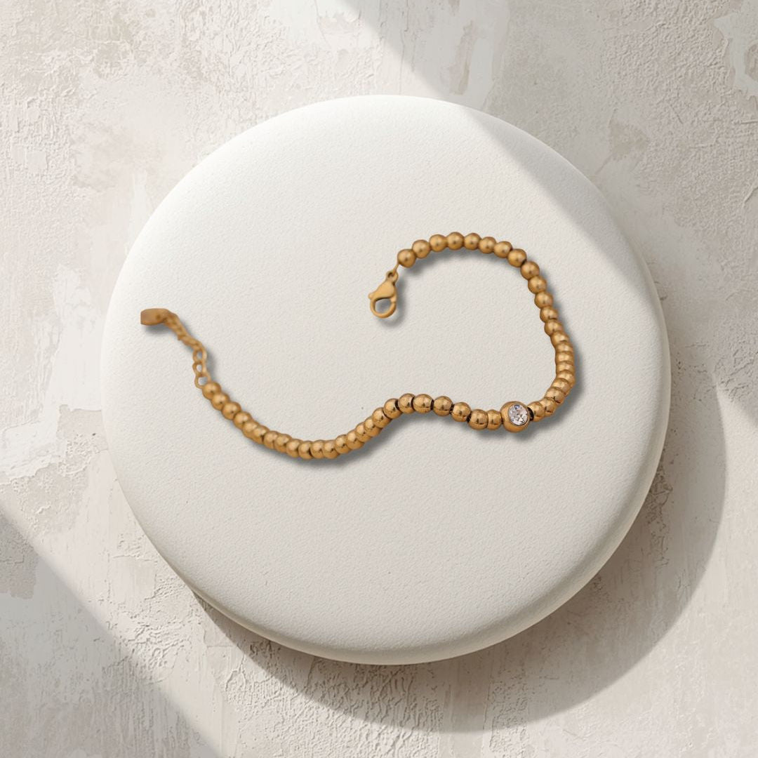 Lottie | Stainless Steel 18K Gold Plated Beaded Bracelet Featuring Cubic Zirconia