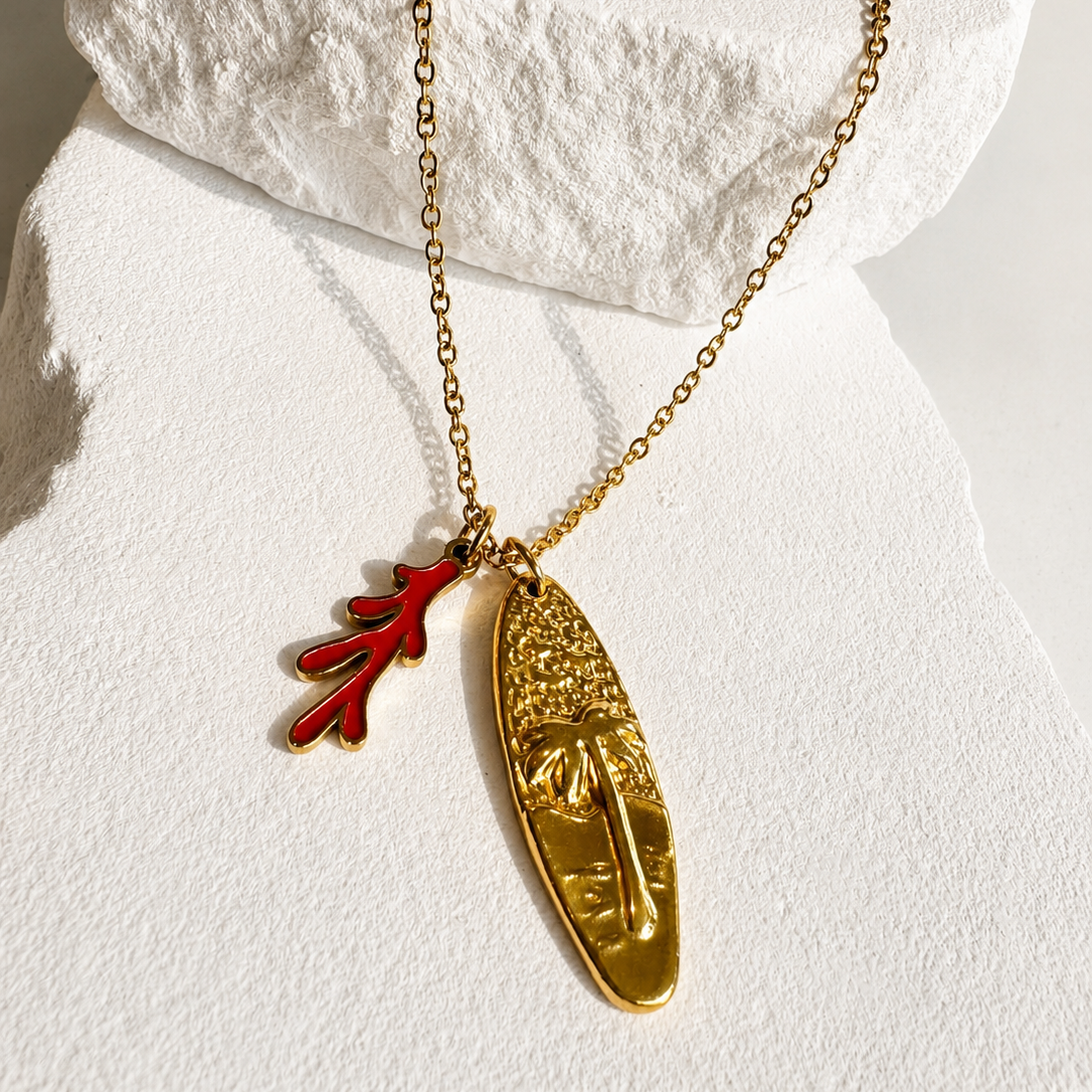 surfboard and coral palm tree gold plated waterproof necklace