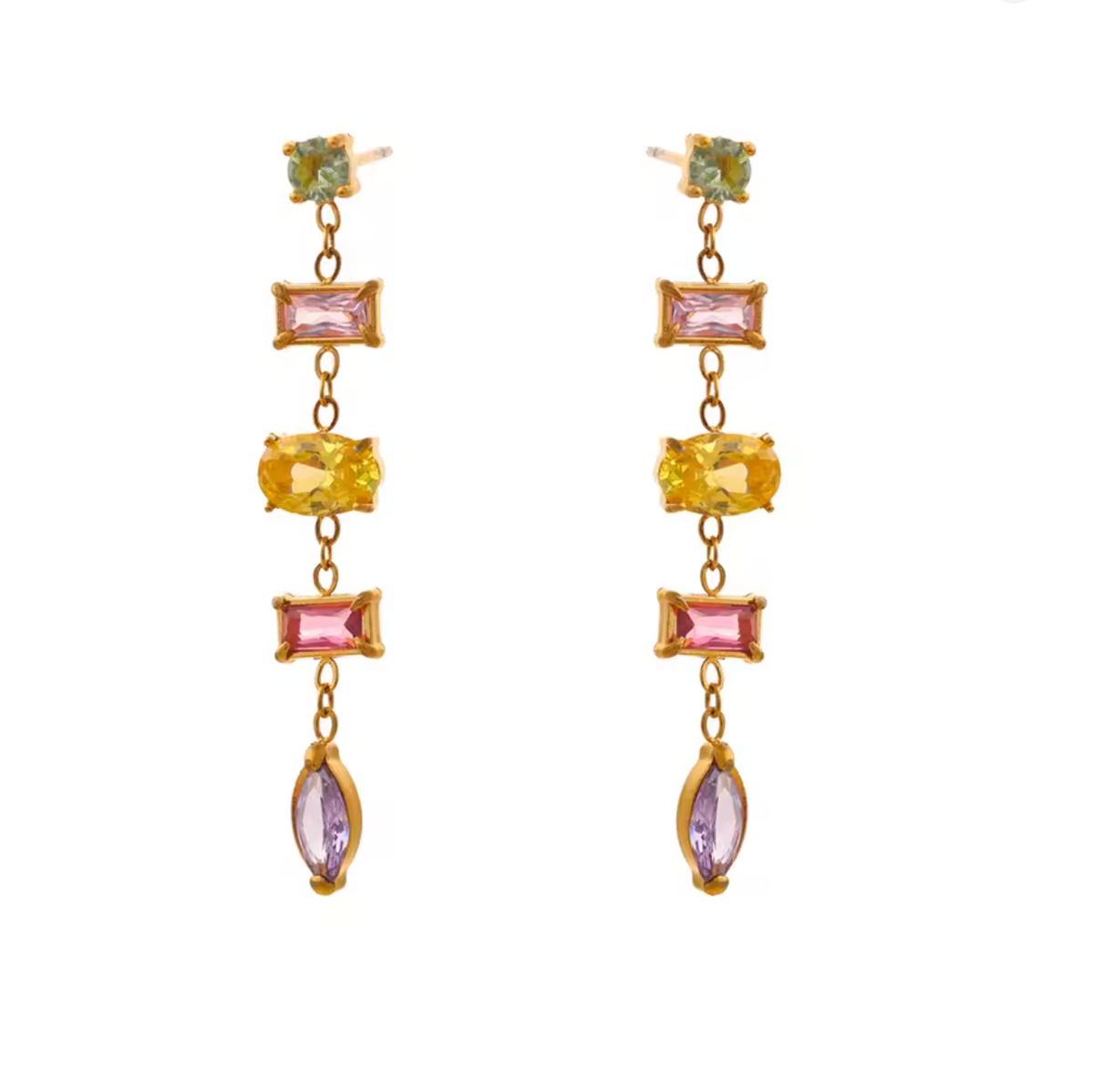 Gold earrings with pink gemstones on a white background bridal earrings wedding
