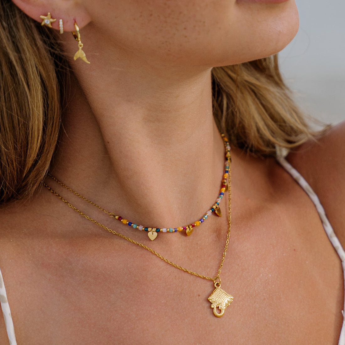 Sunny Colourful beaded necklace with gold plated waterproof manta stingray necklace